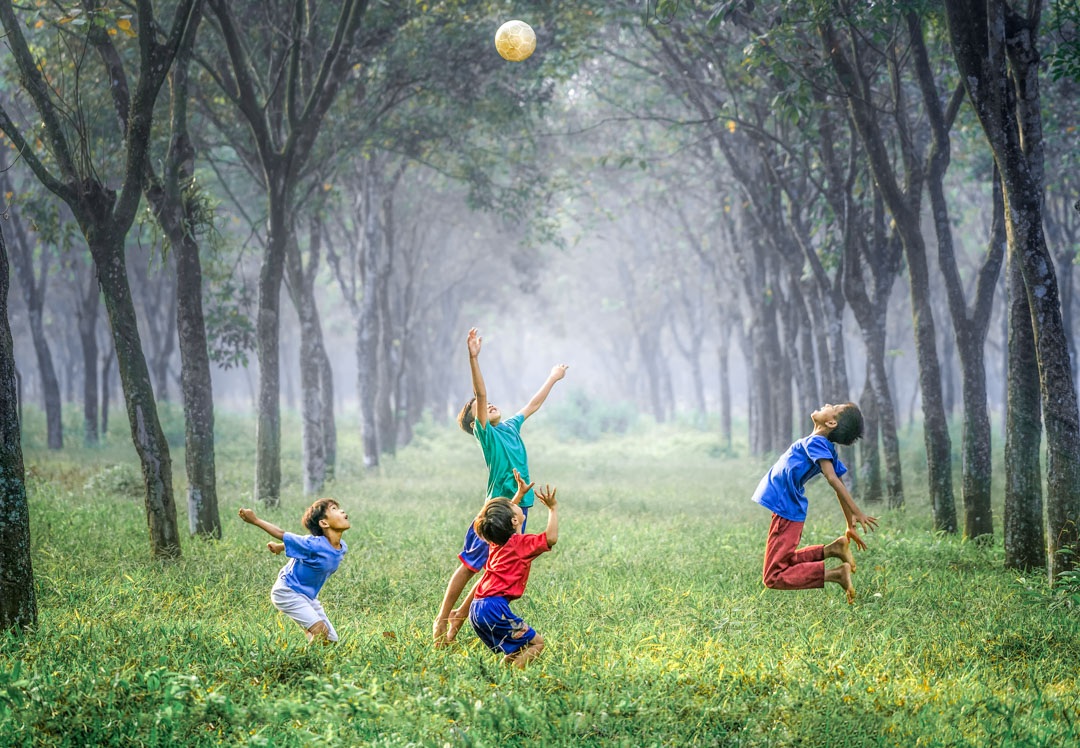 Children playing in a forest.